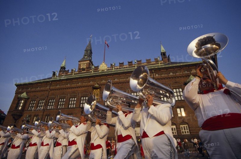 DENMARK , Zealand, Copenhagen, Brass band performing at open air concert outside the Radhus.