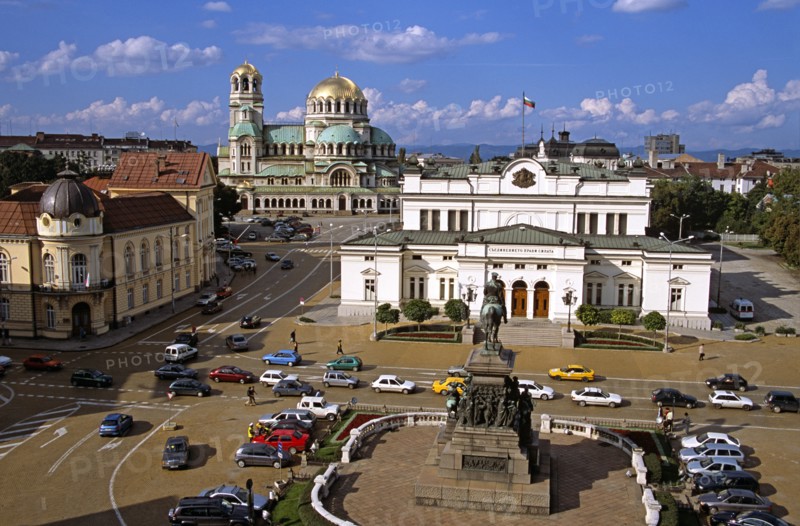 BULGARIA, Sofia, "Liberation Monument, Bulgarian Parliament Building, Science Academy, and Alexander Nevsky Cathedral."