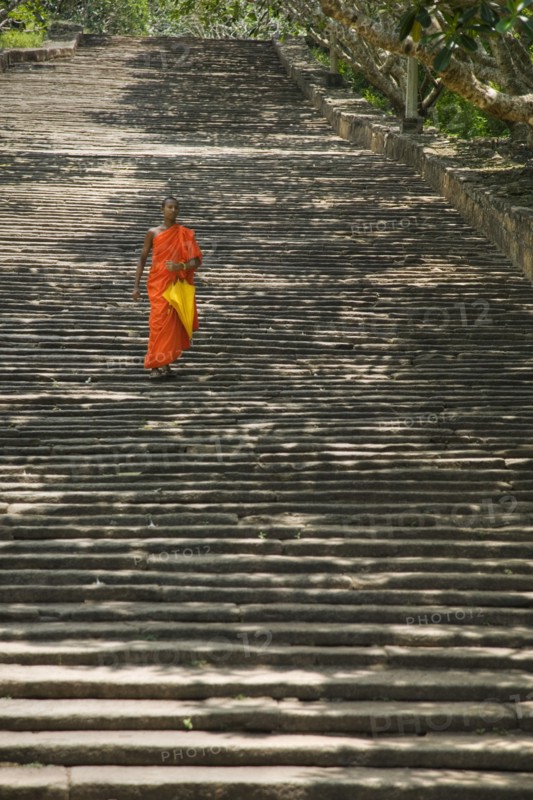 SRI LANKA, Mihintale, "A lone monk descending The Stairway, 1840 granite steps that lead up to the dagobas and shrines at the top of the hill."