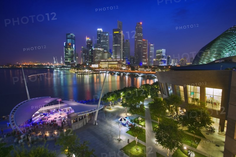 SINGAPORE, Esplanade, City view at dusk from the roof top promenade of Esplanade. Theatres on the Bay