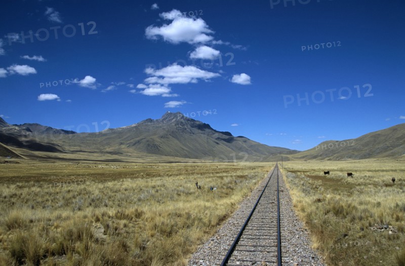 PERU, Transport, "Railway track through the Andes mountain range, Puno to Cusco Perurail train journey."