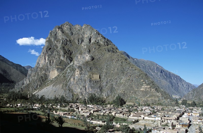 PERU, Near Cusco, Ollantaytambo, "Pinkuylluna Mountain and town of Ollantaytambo, Sacred Valley of the Incas."
