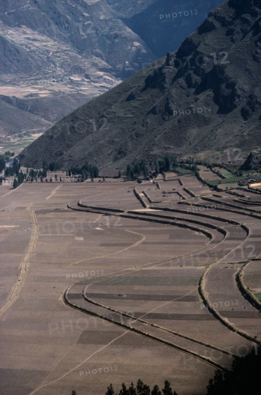 PERU, Cusco, Agriculture, Contour ploughing and terraces near Pisac.