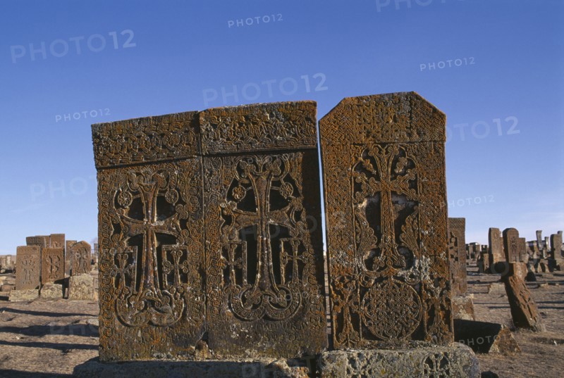 ARMENIA, Noradouz, Carved memorial stones or Khachkars dating from 13th century.
