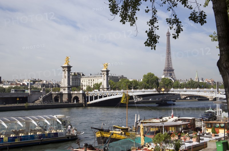 FRANCE, Ile de France, Paris, Houseboat barges moored at the Port des Champs Elysees on the River Seine with the Pont Alexandre III bridge and the Eiffel Tower beyond