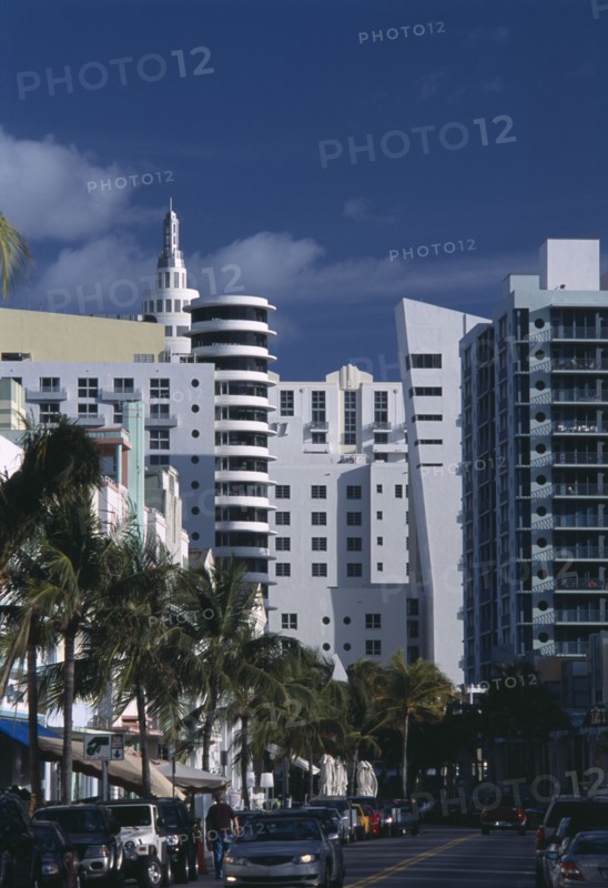 USA, Florida, Miami, South Beach. Old meets new; Art Deco and modern architecture dominate the skyline at the north end of Ocean Drive.