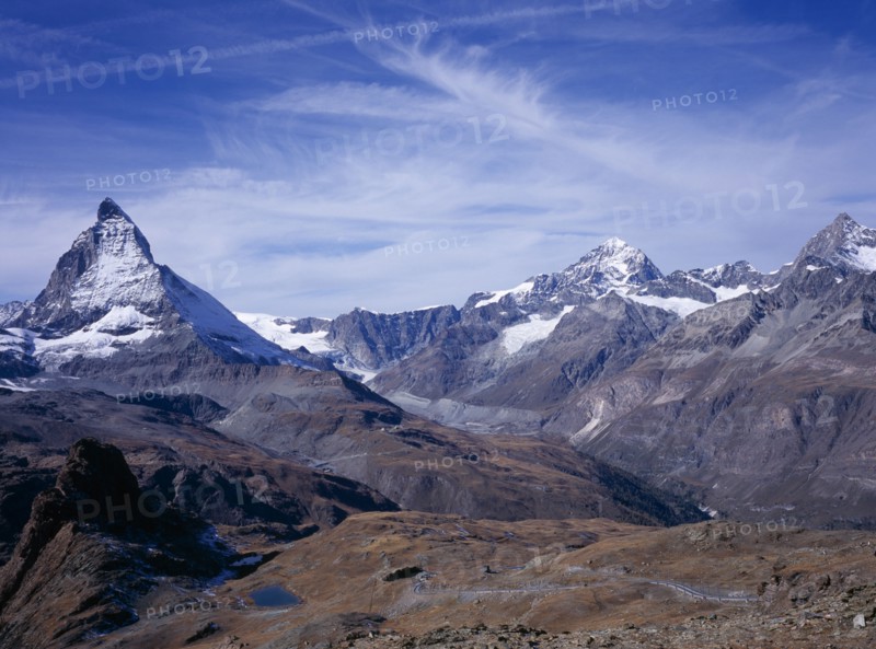 SWITZERLAND, Valais, Matterhorn , "View from Gornergrat towards snow capped mountains left to right, Matterhorn 4478 metres ( 14665 ft) Dent Blanche 4357 metres ( 14269 ft) Obergabelhorn 4063 metres ( 13306 ft )"