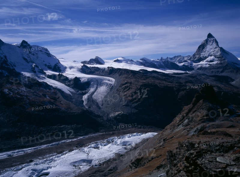 SWITZERLAND, Valais, Matterhorn, View south west  from Gornergrat over Gorner Glacier Water Theodul Glacier left centre and Matterhorn mountain on the right 4478metres ( 14665ft )