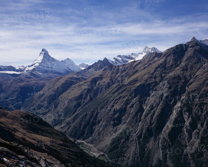 SWITZERLAND, Valais, Matterhorn, "South Mattertal with view of left to right, Matterhorn 4478metres ( 14665ft ) Unter Gabelhorn 3582metres   11747ft ) Mettelhorn 3406metres ( 11154ft )"