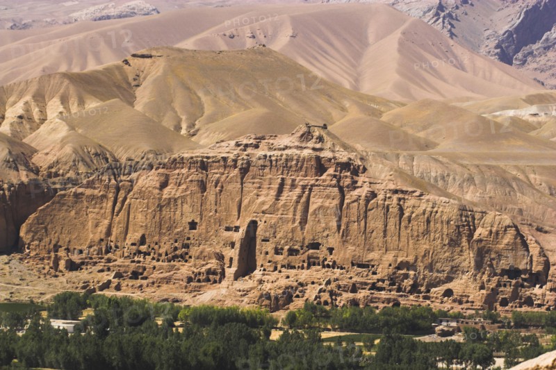 AFGHANISTAN, Bamiyan Province, Bamiyan , View of Bamiyan valley showing cliffs with empty niche where the famous carved Budda once stood (destroyed by the Taliban in 2001)