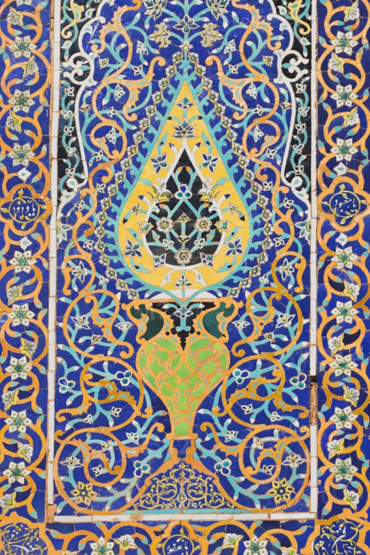 AFGHANISTAN, Herat, Detail of tile work in courtyard of Friday Mosque or Masjet-eJam Originally laid out on the site of an earlier 10th century mosque in the year 1200 by the Ghorid Sultan Ghiyasyddin. Restoration started in 194