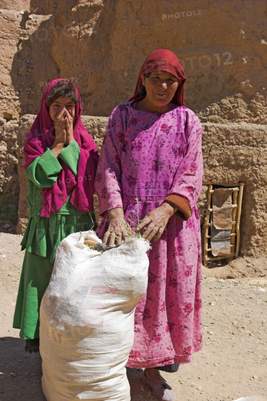AFGHANISTAN, Bamiyan Province, Bamiyan , Local women walking back to village with sacks