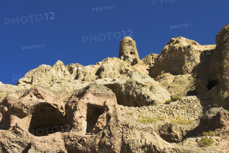 AFGHANISTAN, Bamiyan, Kakrak valley, "Watchtower at ruins once the site of a 21ft standing Buddha in a niche, discovered in 1030 and surrounded by caves whose Buddhists paintings thought to date from the 9th and 9th Centuries AD but removed by French archaeologists and put in the National musuem in Kabul "