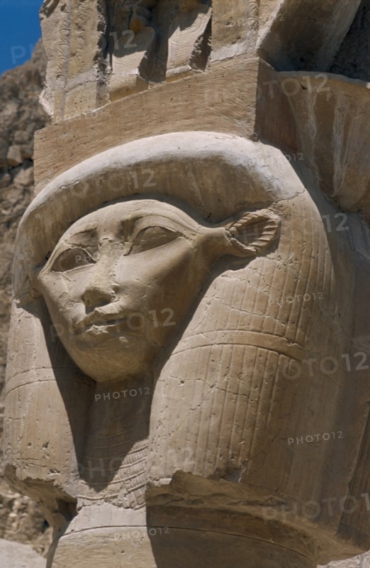 EGYPT, Nile Valley, Thebes, Deir-el-Bari. Hepshepsut Mortuary Temple. Carved column with head of Goddess Hathor represented with cows ears. One of the Hathoric columns.