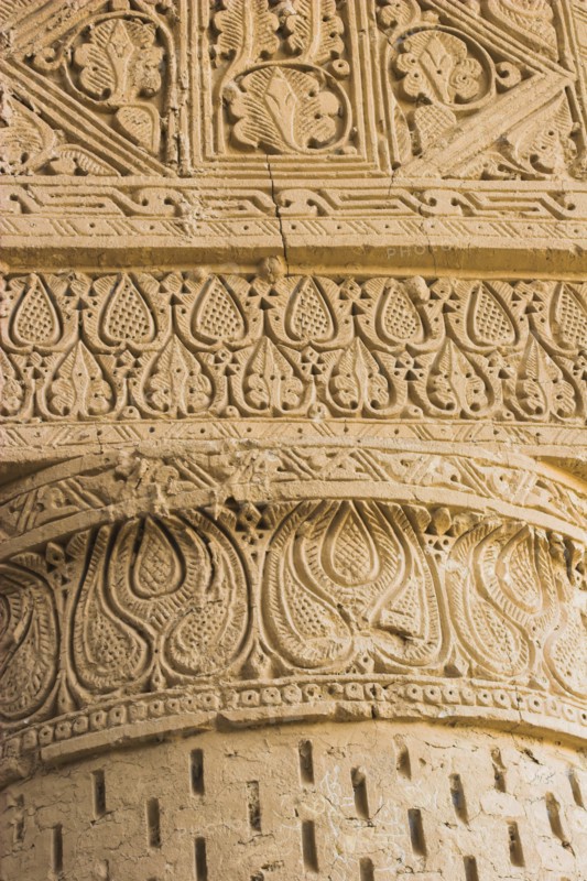 AFGHANISTAN, (Mother of Cities), Balkh, "No-Gonbad Mosque (Mosque of Nine Cupolas) also known as Khoja Piada or Masjid-e Haji Piyada (Mosque of the Walking Pilgrim), Carved stucco decoration on column Dates to the early 9th Century A.D. Earliest Islamic monument identified in Afghanistan, has influences from the Achaemenid, Graeco-Bactrain and Kushano-Sasanian periods, few dateable examples of mosque architecture exist anywhere in the world form this early periodes)"