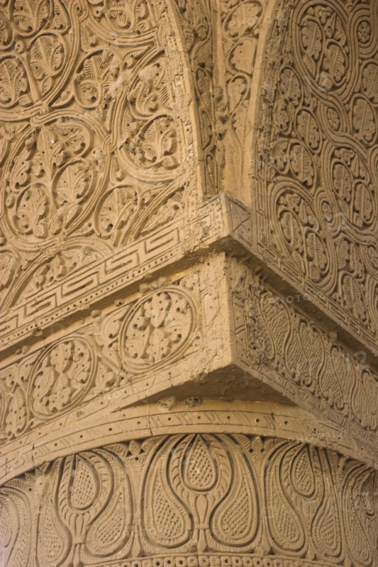 AFGHANISTAN, (Mother of Cities), Balkh, "No-Gonbad Mosque (Mosque of Nine Cupolas) also known as Khoja Piada or Masjid-e Haji Piyada (Mosque of the Walking Pilgrim), Carved stucco decoration on column Dates to the early 9th Century A.D. Earliest Islamic monument identified in Afghanistan, has influences from the Achaemenid, Graeco-Bactrain and Kushano-Sasanian periods, few dateable examples of mosque architecture exist anywhere in the world form this early periodes)  Jane Sweeney"