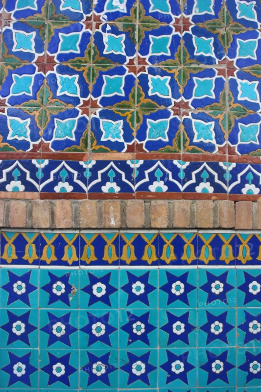 AFGHANISTAN, "Mazar-I-Sharif,", "Detail of tilework, Shrine of Hazrat Ali (who was assissinated in 661) This shrine was built here in 1136 on the orders of Seljuk Sultan Sanjar, destroyed by Genghis Khan and rebuilt by Timurid Sultan Husain Baiqara in 1481, since restored. The shrine is famous for its white pigeons, it is said the site is so holy that if a grey pigeon flies here it will turn white within 40 days"