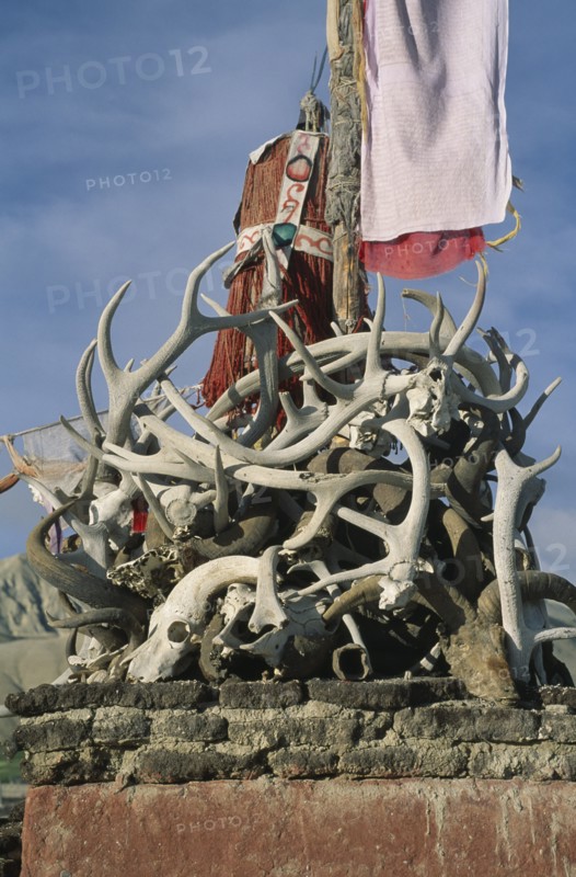 NEPAL, Mustang, Lo Manthang, Shrine of goat skulls and antlers protecting the palace of the king from demons and evil spirits.