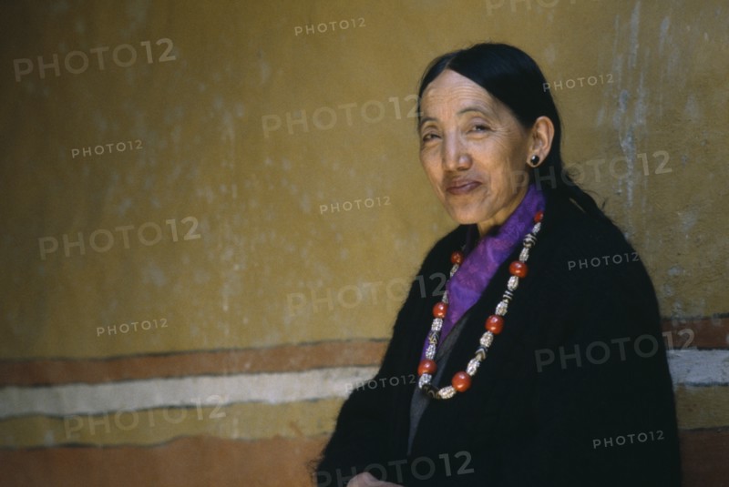 NEPAL, Mustang, People, Portrait of the Queen of Mustang from Tibetan noble lineage.