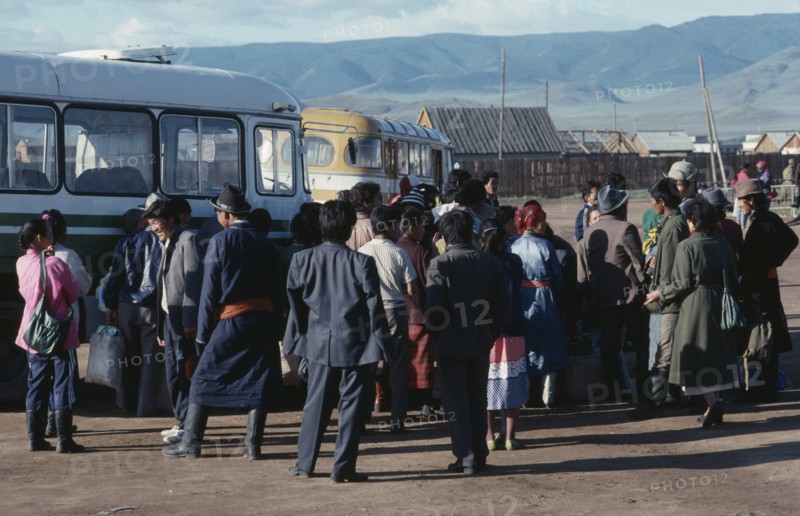 MONGOLIA, Moron, Waiting crowd at bus station in northern town.