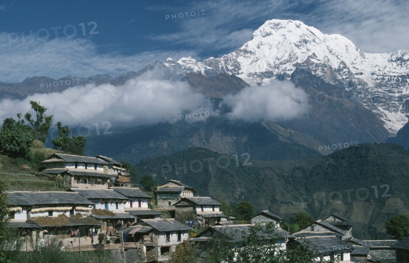 NEPAL, Gandruk, "Gurung village on steep, terraced slope with Annapurna South in the background.  The Gurung are indigenous peoples and devout Buddhists."