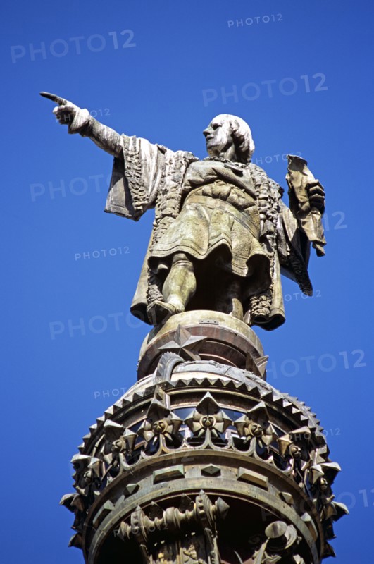 SPAIN, Catalonia, Barcelona, "La Rambla, Monument a Colom, Christopher Columbus Monument, Christopher Columbus statue detail"