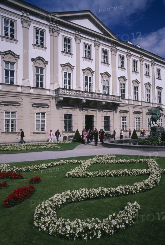 AUSTRIA, Salzburg, Mirabell Palace exterior facade and gardens built in 1606 by Prince Archbishop Wolf Dietrich for Salome Alt and originally called the Altenau Palace.