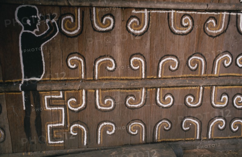 COLOMBIA, North West Amazon, Tukano Indigenous People, Detail of Barasana painted design including spirit guard figure  on front of maloca/communal home. Tukano sedentary tribe Indian North Western Amazonia maloca American Colombian Columbia Hispanic Indegent Latin America Latino South America Tukano Religion