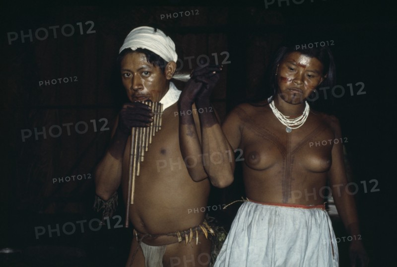 COLOMBIA, North West Amazon, Tukano Indigenous People, Group of young Barasana dancing a panpipe dance inside maloca/communal home - their bodies and faces painted with red Achiote for ceremonial manioc festival. Tukano sedentary Indian tribe North Western Amazonia American Colombian Columbia Female Women Girl Lady Hispanic Indegent Latin America Latino South America Tukano Female Woman Girl Lady Immature