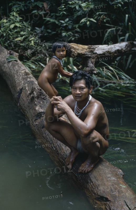 COLOMBIA, North West Amazon, Tukano Indigenous People, Barasana father Pacico and his son stand on log at river port.  Tukano sedentary Indian tribe North Western Amazonia family American Colombian Columbia Dad Hispanic Indegent Kids Latin America Latino South America Tukano