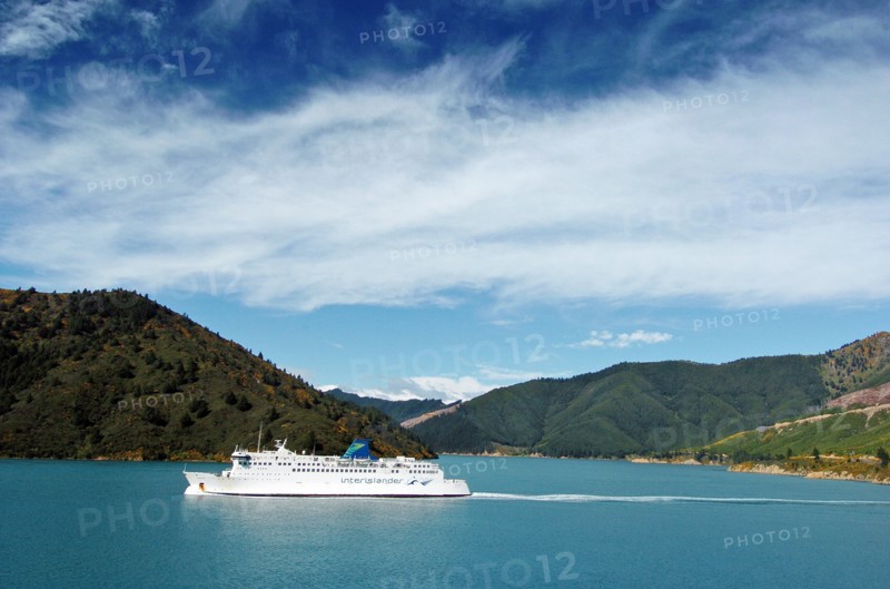 NEW ZEALAND, SOUTH ISLAND, MARLBOROUGH, "PICTON, THE INTERISLANDER FERRY ARAHURA MEANING PATHWAY TO DAWN SAILING IN QUEEN CHARLOTTE SOUND FROM PICTON ON THE SOUTH ISLAND NORTH TO WELLINGTON ON THE NORTH ISLAND"