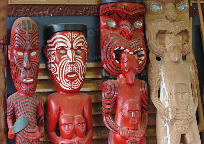 NEW ZEALAND, NORTH ISLAND, ROTORUA, "MAORI CARVINGS AT THE NEW ZEALAND MAORI ARTS AND CRAFTS INSTITUTE,TE PUIA, "