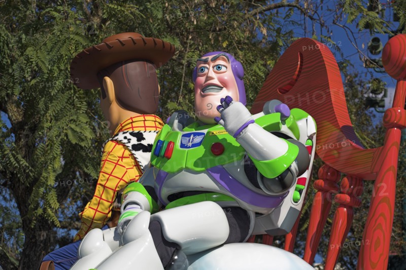 USA, Florida, Orlando, Walt Disney World Resort. Disney MGM Studios. Stars and Motor Cars Parade with Buzz Lightyear and Woody characters.