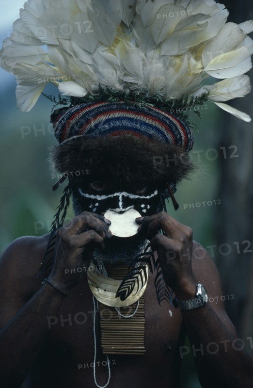 PAPUA NEW GUINEA, Mount Hagen, People, "Portrait of man wearing traditional dress and jewellery, and elaborate white feather and fur trimmed head-dress, with white disc in nose and black and white face paint. "