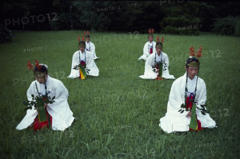 JAPAN, Honshu, Ise, Shrine maidens dance the ancient yamato mai near the Grand Shrine of Ise symbolizing the creation of Japan and the Japanese people.  They carry branches of the sacred sakaki tree.