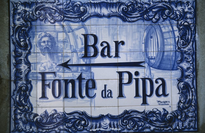 PORTUGAL, Sintra, Detail of typical blue tiles advertising Bar Fonte da Pipa
