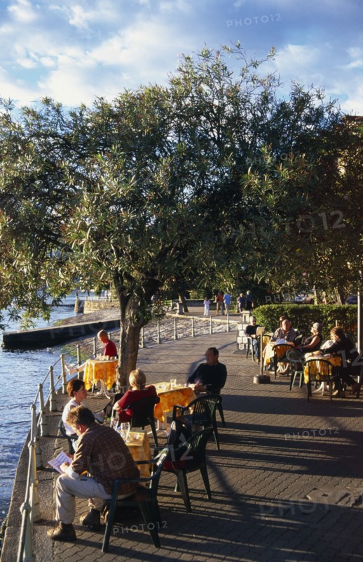 ITALY, Piedmont, Pallanza, Lake Maggiore.  People enjoying lakeside views sitting at cafe tables beneath trees on the esplanade.  Late afternoon sun and long shadows.