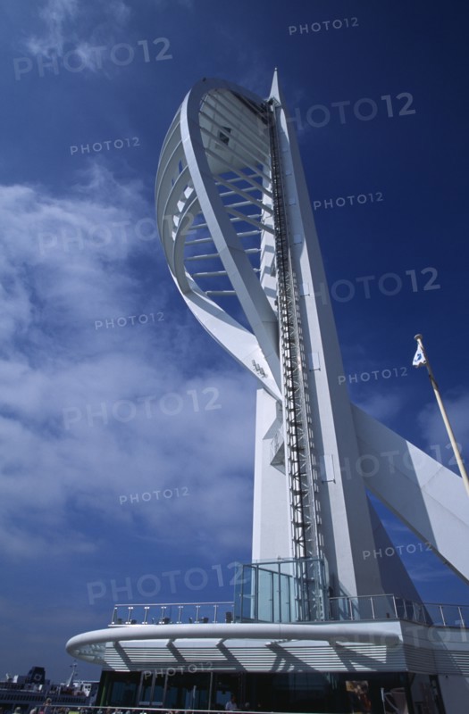 ENGLAND, Hampshire, Portsmouth, Gunwharf Keys. The Spinnaker Tower seen against a blue sky. Standing 170 metres (557 feet) above the harbour of Portsmouth.