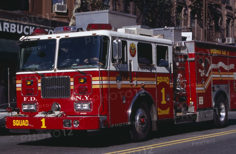 USA, New York, New York City, New York fire department truck on street.