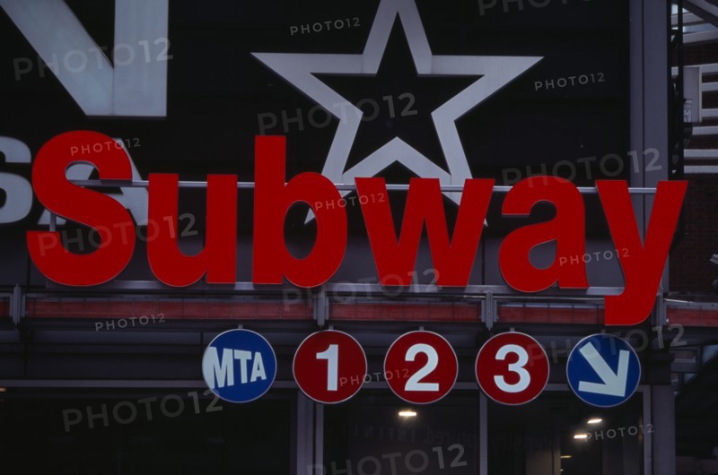 USA, New York, New York City, Red subway sign on 34th Street / 7th Avenue.