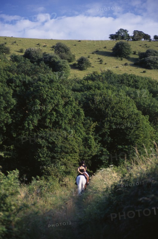 ENGLAND, East Sussex, Plumpton, Horse riders on a bridlepath at the foot of the South Downs.