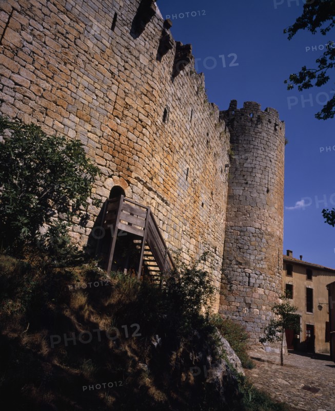 FRANCE, Languedoc-Roussillon, Aude, "Chateau Villerouge-Termenes.  Outer walls of medieval castle stronghold in village where Guilhem Belibaste, the last Cathar prefect was burnt at the stake in 1321."
