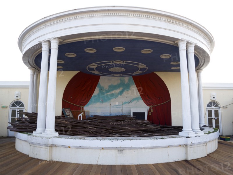 ENGLAND, West Sussex, Worthing, Piles of old decking in the bandstand on the day that timber was washed up on the beach from the Greek registered Ice Princess which sank off the Dorset coast on 15th January 2008
