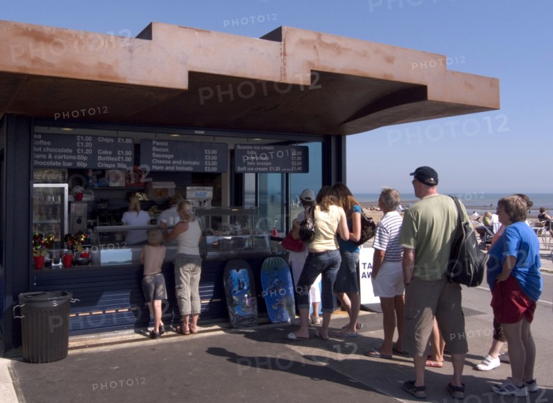 ENGLAND, West Sussex, Littlehampton, Customers queuing at the East Beach Cafe designed by Thomas Heatherwick
