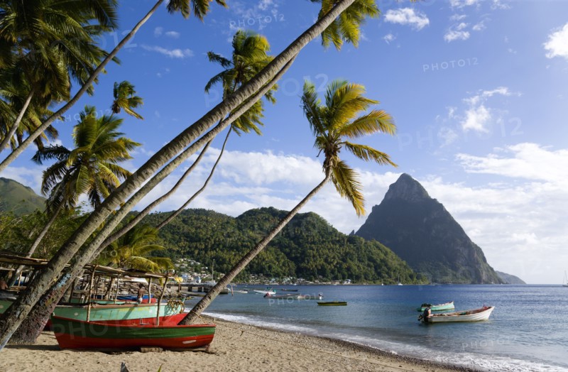 WEST INDIES, St Lucia, Soufriere, Fishing boats on the beach lined with coconut palm trees with the town and the volcanic plug mountain of Petit Piton beyond