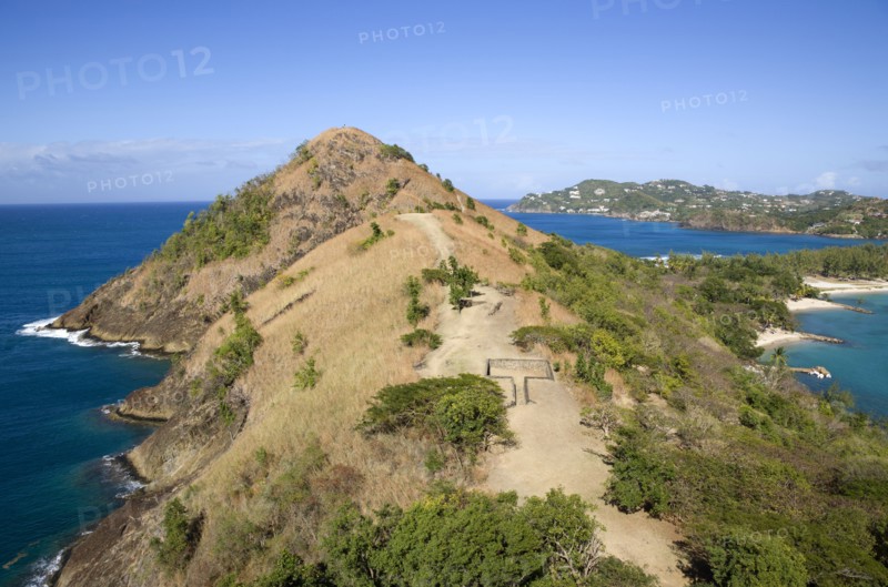 WEST INDIES, St Lucia, Gros Islet , Pigeon Island National Historic Park Signal Hill seen from Fort Rodney