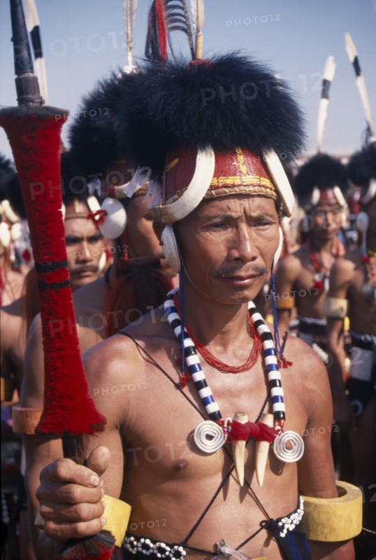 INDIA, Rajasthan, Jaipur, Portrait of a male tribal dancer from Nagaland at the Jaipur Heritage Festival