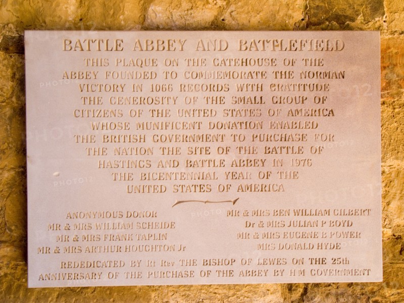 ENGLAND, East Sussex, Battle, Battle Abbey. Battlefield Plaque on stone wall by the gatehouse