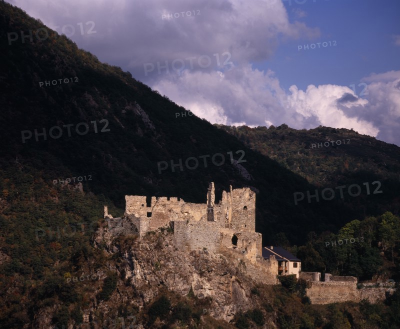 FRANCE, Midi-Pyrenees, Ariege, "Chateau d’Usson.  Ruined castle dating from the eleventh century, one of the last strongholds of the beseiged Cathars.  Set in rocky mountain landscape."