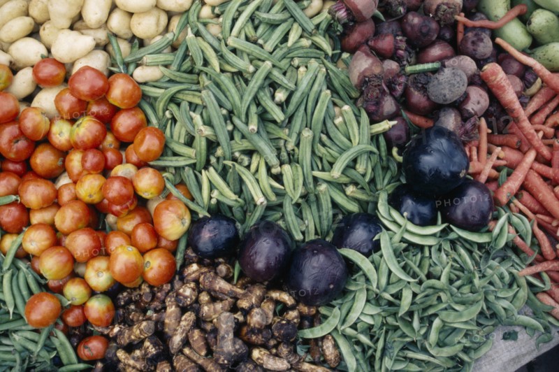 INDIA, Madhya Pradesh, Gwalior, "Close cropped view of vegetables displayed on market stall including okra, aubergines, tomatoes, beetroot, potatoes and carrots."